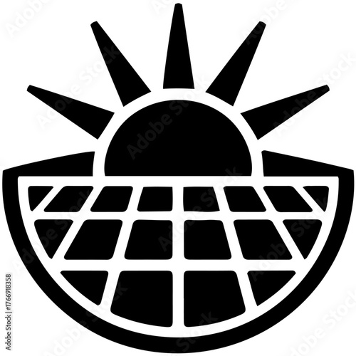 Abstract sun rising over solar panel grid energy symbol isolated on transparent background