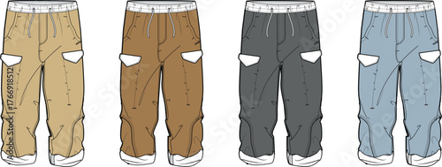 Collection of men's cargo pants fashion flat sketches. A technical drawing vector template for clothing design and apparel mockups in various colors