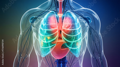 Human respiratory system anatomy lungs heart thorax detailed medical imaging visualization