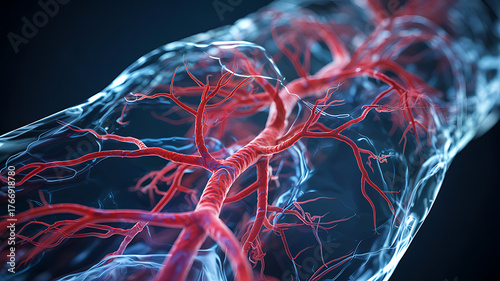 Microscopic view of human circulatory system blood vessels and capillaries