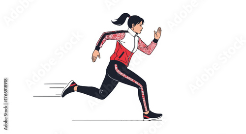 A woman in athletic wear runs with motion lines behind her on a plain white background in a dynamic illustration.