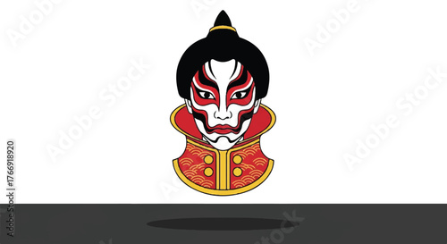 A stylized illustration of a Kabuki actor's mask with dramatic red and white face paint and a traditional headdress.