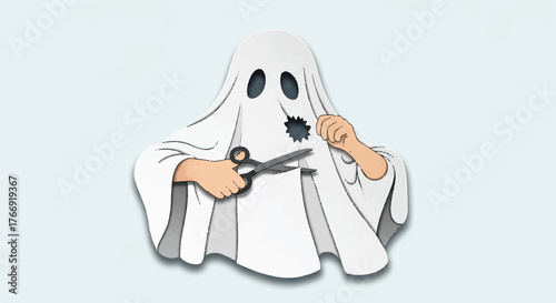 A ghost wearing a white sheet with holes cut out for eyes holds scissors in one hand and touches its head with the other against a light blue background.