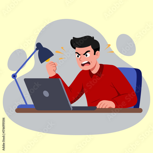 Angry Man Fists Laptop Red Sweater Dark Hair Frustrated Expression