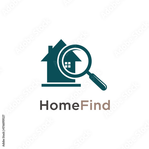 House and magnifier logo for home search.