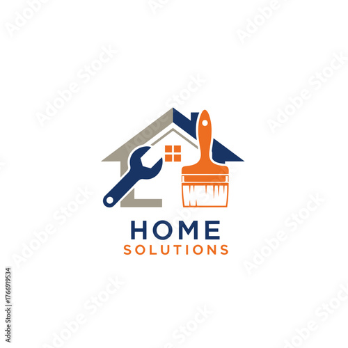Home repair logo with wrench and paintbrush inside house.