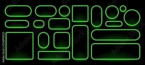 Variety of green neon frame vector shapes including circles, squares and rectangles. Glowing outline design element for modern graphic presentation.