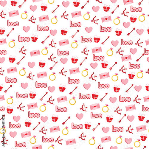 Seamless pattern with a pink heart, a gift with a bow, a red arrow, Cupid's bow, an envelope with a heart, an engagement ring with a pink stone