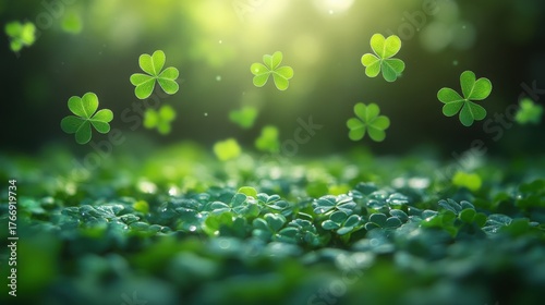A field of clover with several leaves floating in the air and sunlight