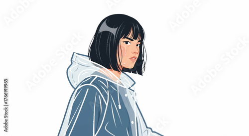 Illustration of a young woman with short black hair wearing a blue jacket with a hood on a white background.