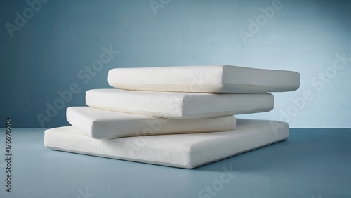 Stack of three white square seat cushions on a blue surface, providing comfort and support