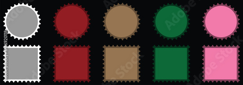 Set of blank rectangle and square Postage stamp frames. Postage stamp vector icons.Blank postage stamps borders vector set. Mockup postage stamps Postage stamp set, templates,Geometric shapes,scallop