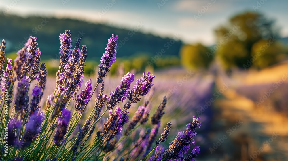 Obraz premium Close-up of Vibrant Lavender Flowers Bathed in Warm Golden Hour Light, Stretching Across a Serene Field
