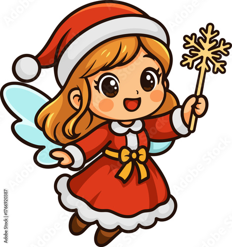 Cute kawaii-style Christmas angel with a wand, wearing a red dress and a hat. Perfect for holiday and Christmas-themed designs.