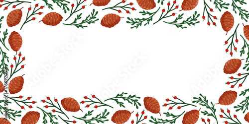 Border frame with brown pinecone, evergreen branch and red berry in flat style. Empty center space for text or design.
