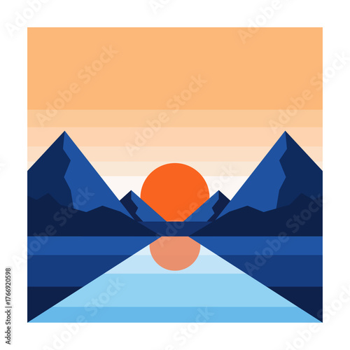 Minimalist flat design of a vibrant sunset over calm blue water and dark blue mountains isolated on transparent background