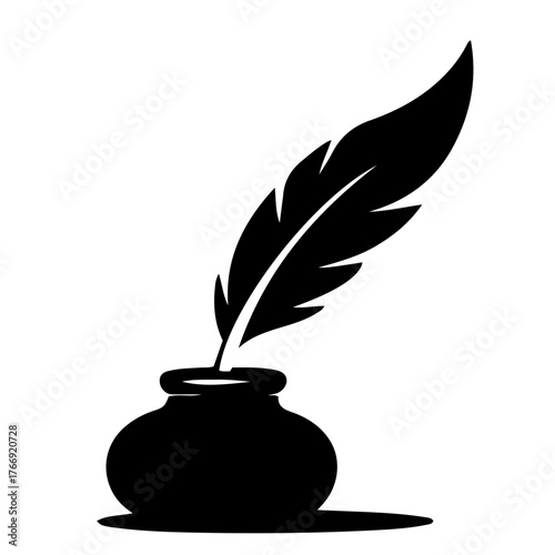 Silhouette of a quill pen and inkwell symbolizing writing and creativity isolated on transparent background