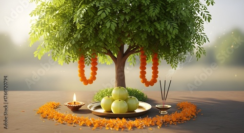 Amla Tree Puja with Gooseberry Fruits, Marigold Garlands, and Diya Lamp — Traditional Wellness and Nature Ritual Concept
