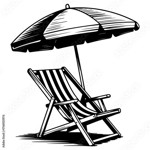 Relaxing beach chair and sun umbrella underneath a summer sky isolated on transparent background