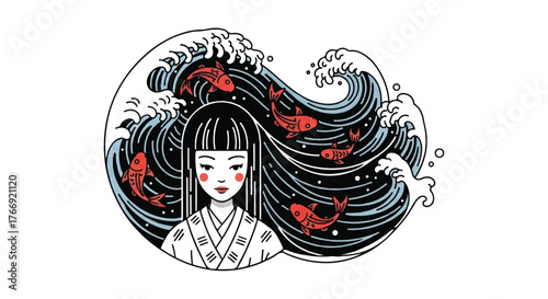 Illustration of a woman with long hair and red crabs on a white background in a stylized, graphic design.
