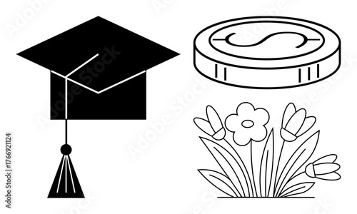Graduation cap with tassel, monetary coin, and blooming flowers. Ideal for education, financial planning, personal development, knowledge, achievement growth scholarship concepts. Simple flat