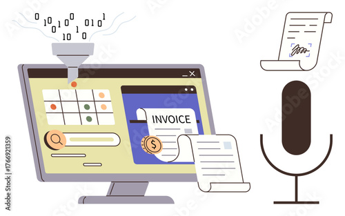 Computer screen with calendar, invoice app, data funnel converting binary to process, microphone for voice input, documents. Ideal for automation, billing, AI, finance productivity technology