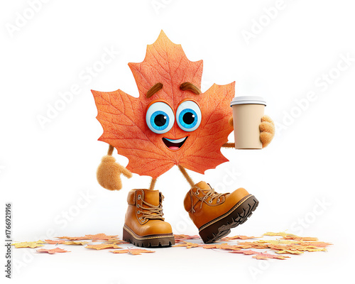 Happy Smiling Autumn Leaf with Hot Cup of Coffee Wearing Gloves and Shoes Isolated on White Background