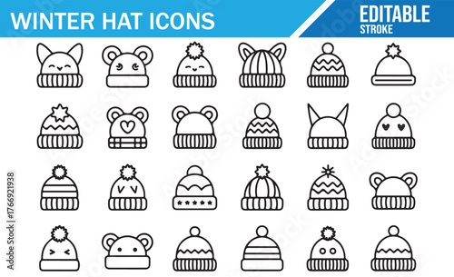 Set of winter hat vector icons in line style, collection of beanie, pom pom, wool cap, and knitted hat illustrations, editable stroke, outline fashion accessory design for cold weather apparel and clo