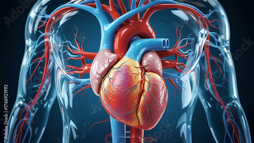Detailed human heart anatomy with circulatory system and torso view