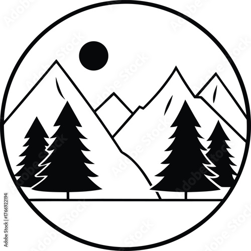 Circular mountain landscape with pine trees and sun silhouette