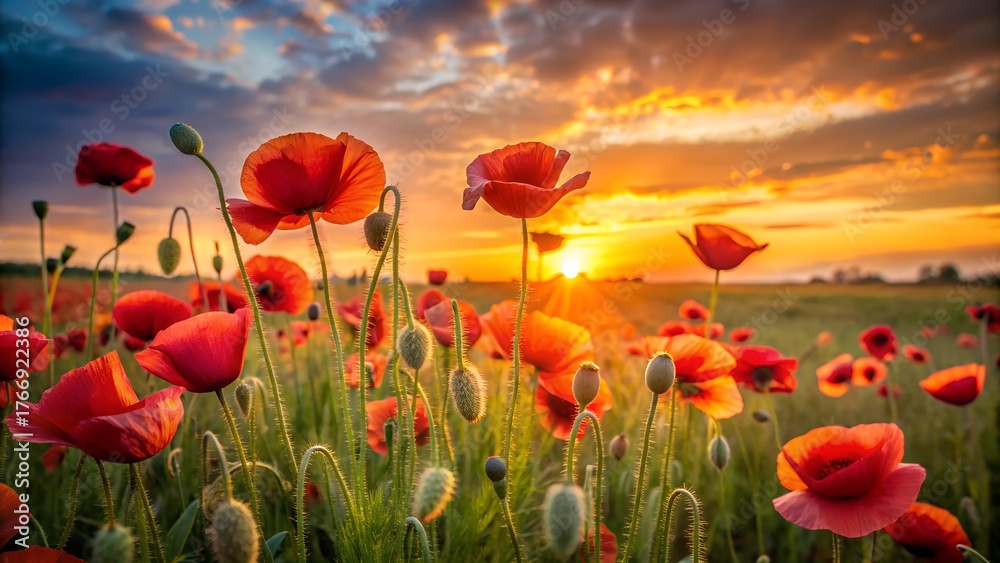 Obraz premium Vibrant red poppies bloom in a sun drenched field at sunset with a dramatic sky