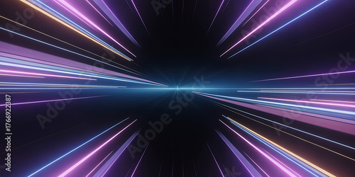 Neon Light Streaks Speeding Towards a Bright Blue Center on Black Background abstract.Modern Abstract Neon Digital Tech Background