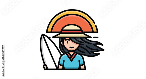 A cartoon woman with long black hair and a surfboard stands in front of a vibrant sunset with a cheerful expression on her face.