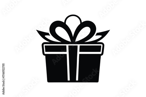 Stylized black gift box icon presents an eyecatching ribbon for celebrations