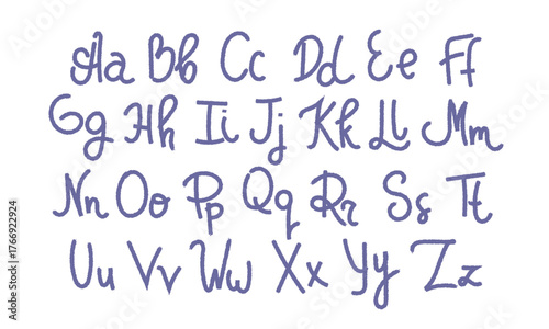 Full English alphabet in cursive handwriting, featuring both uppercase and lowercase letters in a playful, hand-drawn style