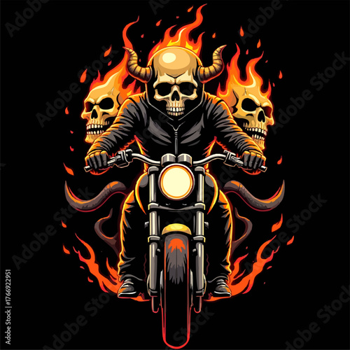 Vector t-shirt design with biker with human skull and  
fire on black background.
Fashionable print for fabric, paper, men clothing,
hoodie, biker jacket. T shirt template with motorcycle.