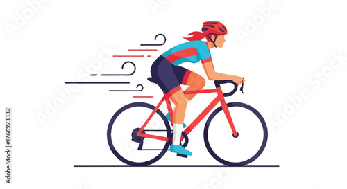 Illustration of a woman riding a bicycle with motion lines, wearing a helmet and cycling gear on a white background.