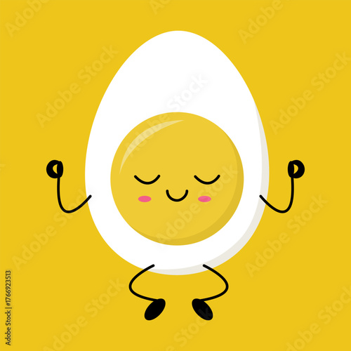 Meditating boiled egg character on yellow background