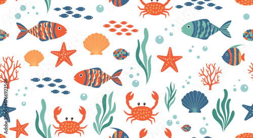 Colorful seamless pattern featuring cute cartoon marine animals and underwater elements like fish, crabs, starfish, seashells, coral, and seaweed.