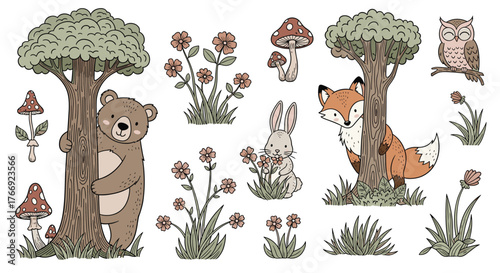 Cute woodland animals and forest elements in a hand-drawn, cartoon style illustration.