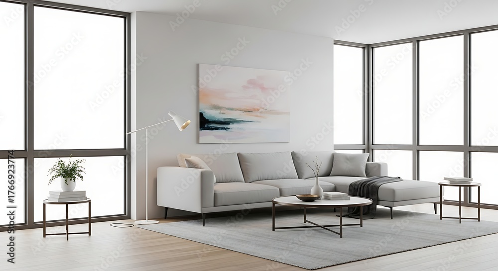 Fototapeta premium Spacious contemporary apartment living area with minimalist furniture and abstract wall art