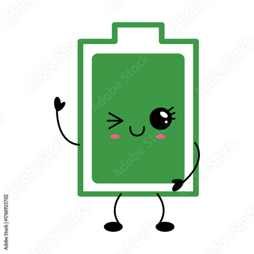 Green fully charged battery with cute face and waving hand. Perfect for technology blogs, app onboarding, energy themes, stickers and education materials.