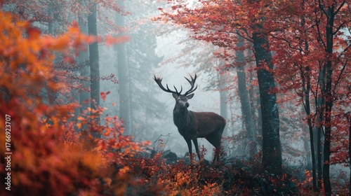 Majestic Stag Stands Proud Amidst Fiery Autumn Forest Fog