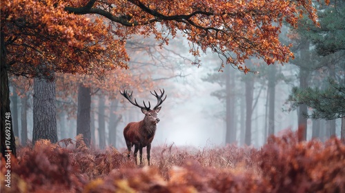 Majestic Stag in Autumnal Haze: A Portrait of Wildlife in Misty Woods