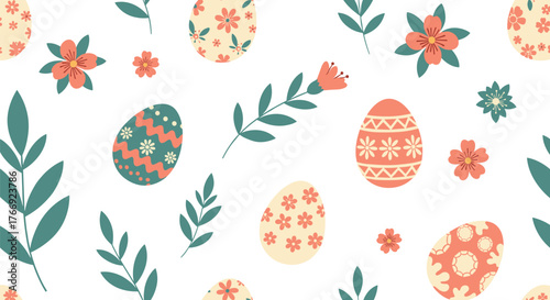 Seamless Easter pattern with decorative eggs, spring flowers, and botanical elements on a clean white background.