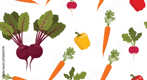 A vibrant and fresh seamless pattern of various colorful vegetables including beets, carrots, radishes, and bell peppers on a clean white background.