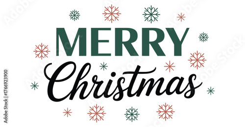  Bold green "MERRY Christmas" greeting with elegant script and red-green snowflakes—ideal for holiday cards, banners, and seasonal decor