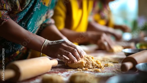 A dynamic modak making workshop for Ganesh Chaturthi participants kneading dough and stuffing jaggery coconut mix vibrant tablecloths and rolling pins scattered modak workshop
