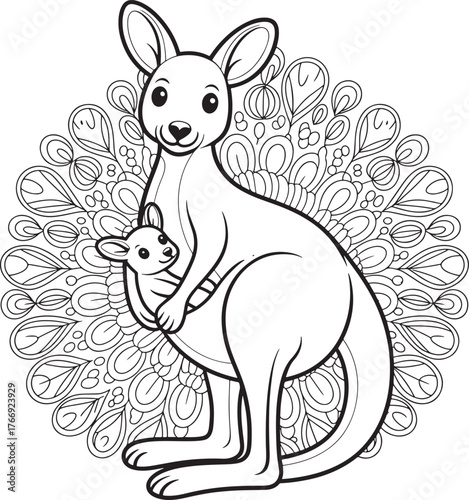 kangaroo and joey coloring page with intricate mandala design for fun Adorable line art