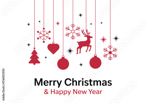 christmas greetinMinimalist hanging red Christmas icons with festive shapes and greeting text—perfect for seasonal cards, banners, and winter campaignsg card with christmas balls
